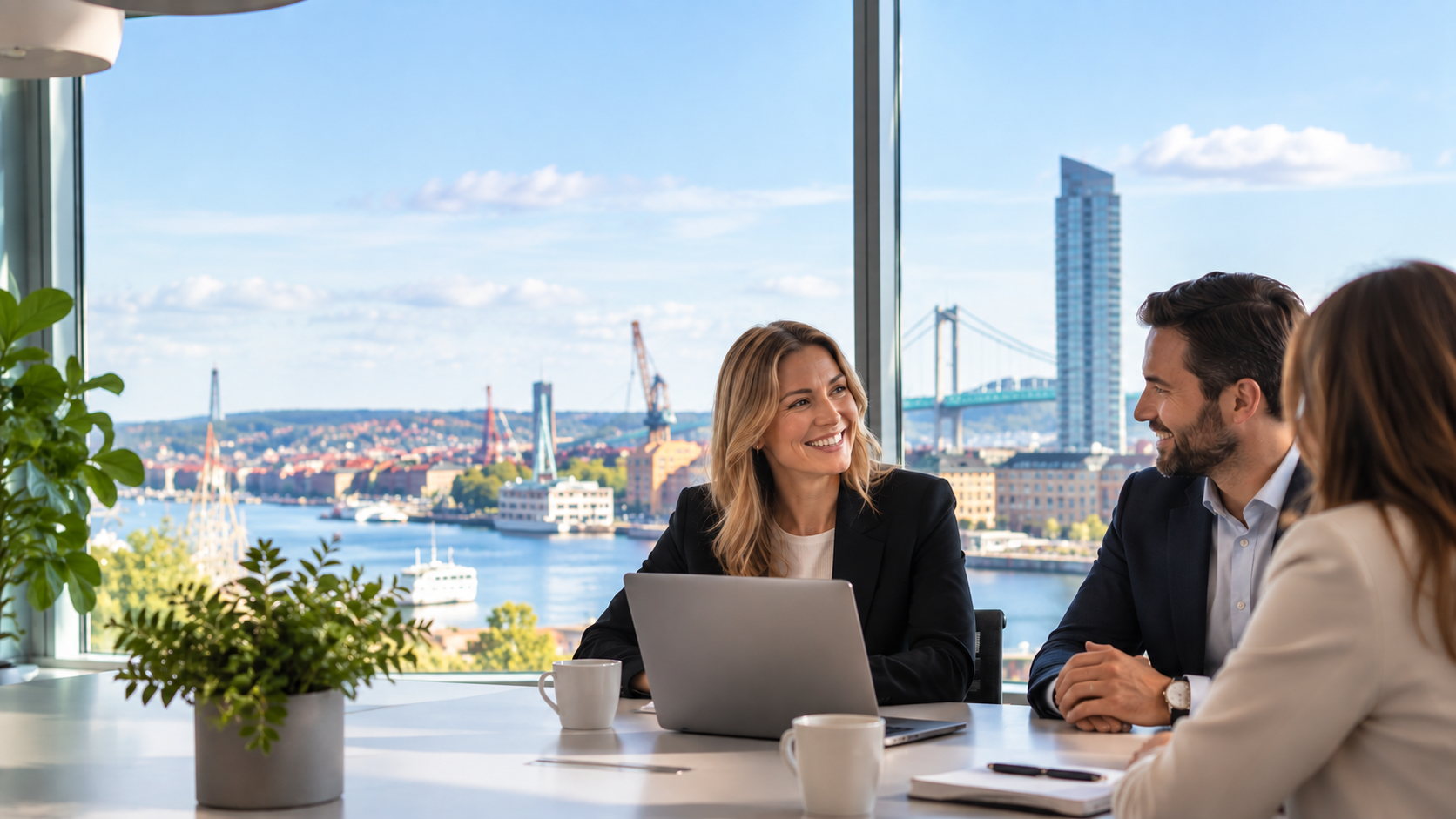Rådgivningsmöte på ett kontor med utsikt över Göteborgs hamn och Älvsborgsbron